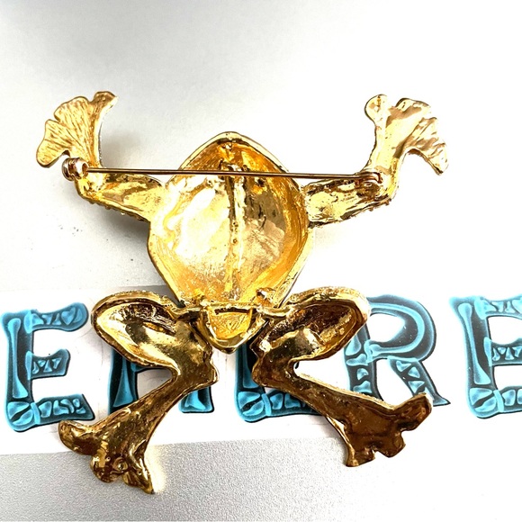 Vintage Large Articulated Glittery Rhinestone Frog Brooch Gold Tone - Picture 6 of 6